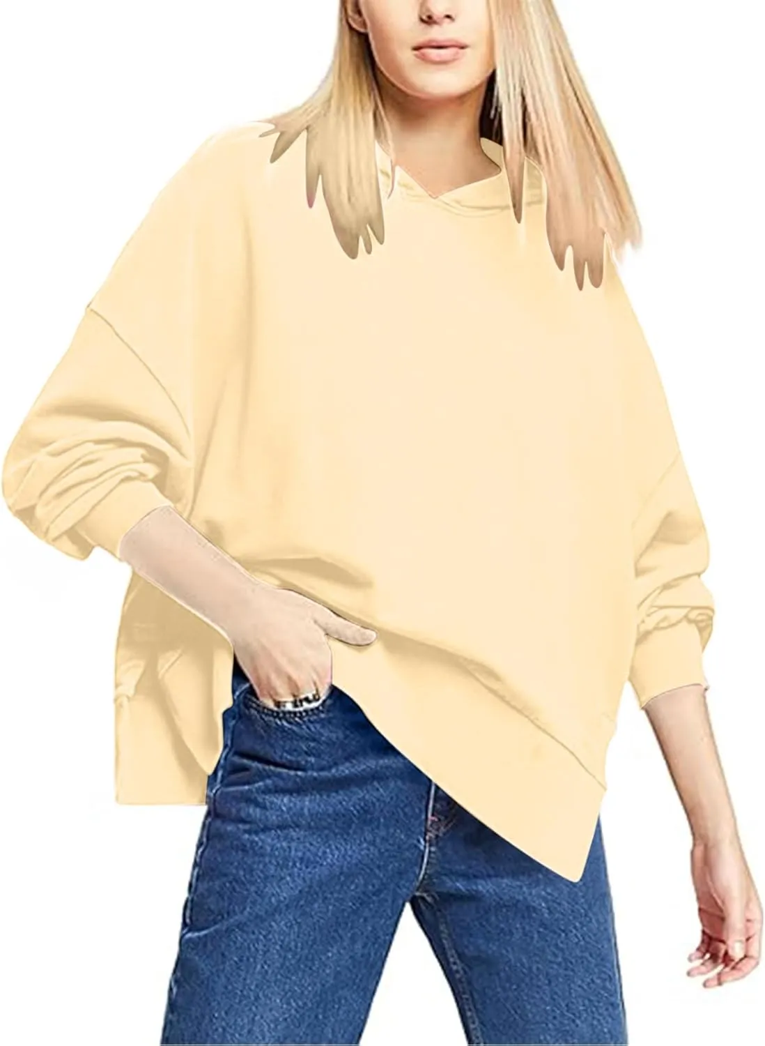 Women's Hoodies 2024 Slit Hem Oversized Baggy Sweatshirt Solid Casual Loose Soft Long Sleeve Pullover Tops