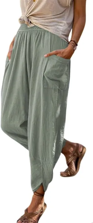 Women's Linen Pants Lantern Tapered Elastic Waist Cropped Pants Trousers with Pockets