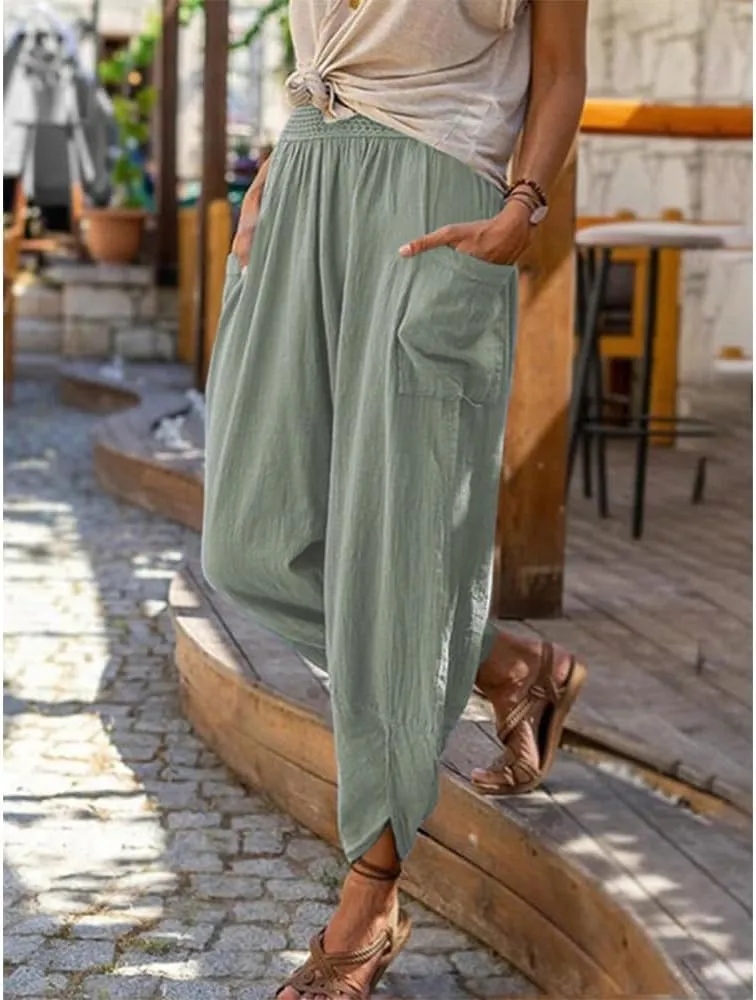 Women's Linen Pants Lantern Tapered Elastic Waist Cropped Pants Trousers with Pockets