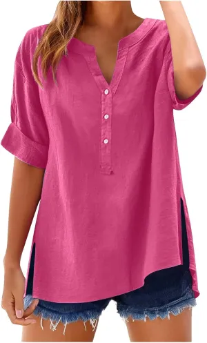 Womens Linen T Shirts Summer Short Sleeve Half Button Henley Shirts Dressy V Neck Boho Side Slit Blouse Tunic Tops