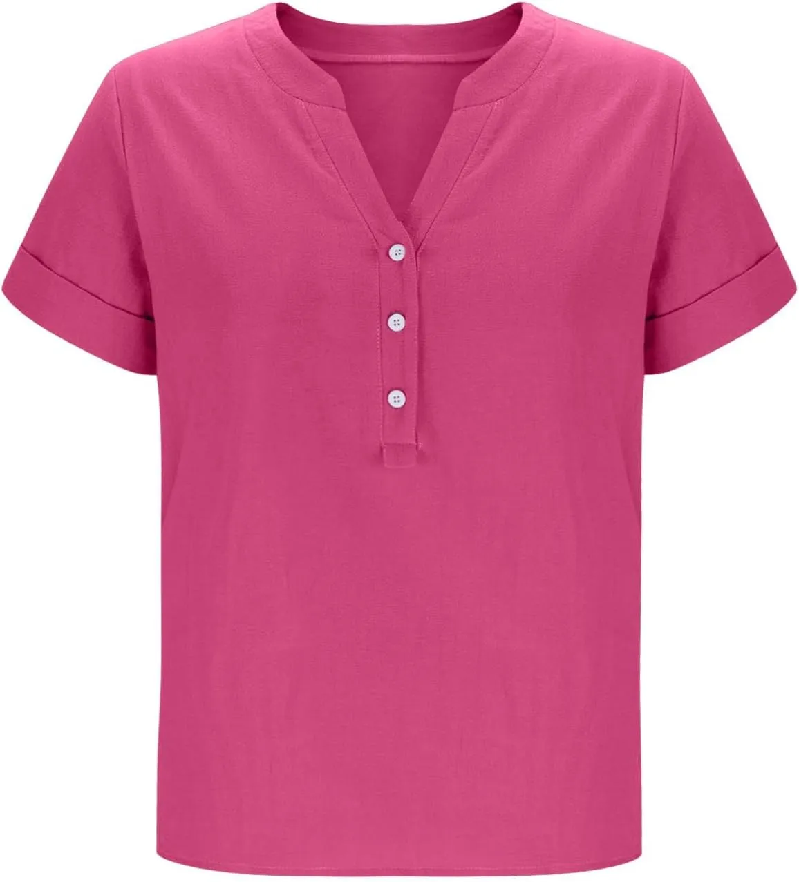 Womens Linen T Shirts Summer Short Sleeve Half Button Henley Shirts Dressy V Neck Boho Side Slit Blouse Tunic Tops