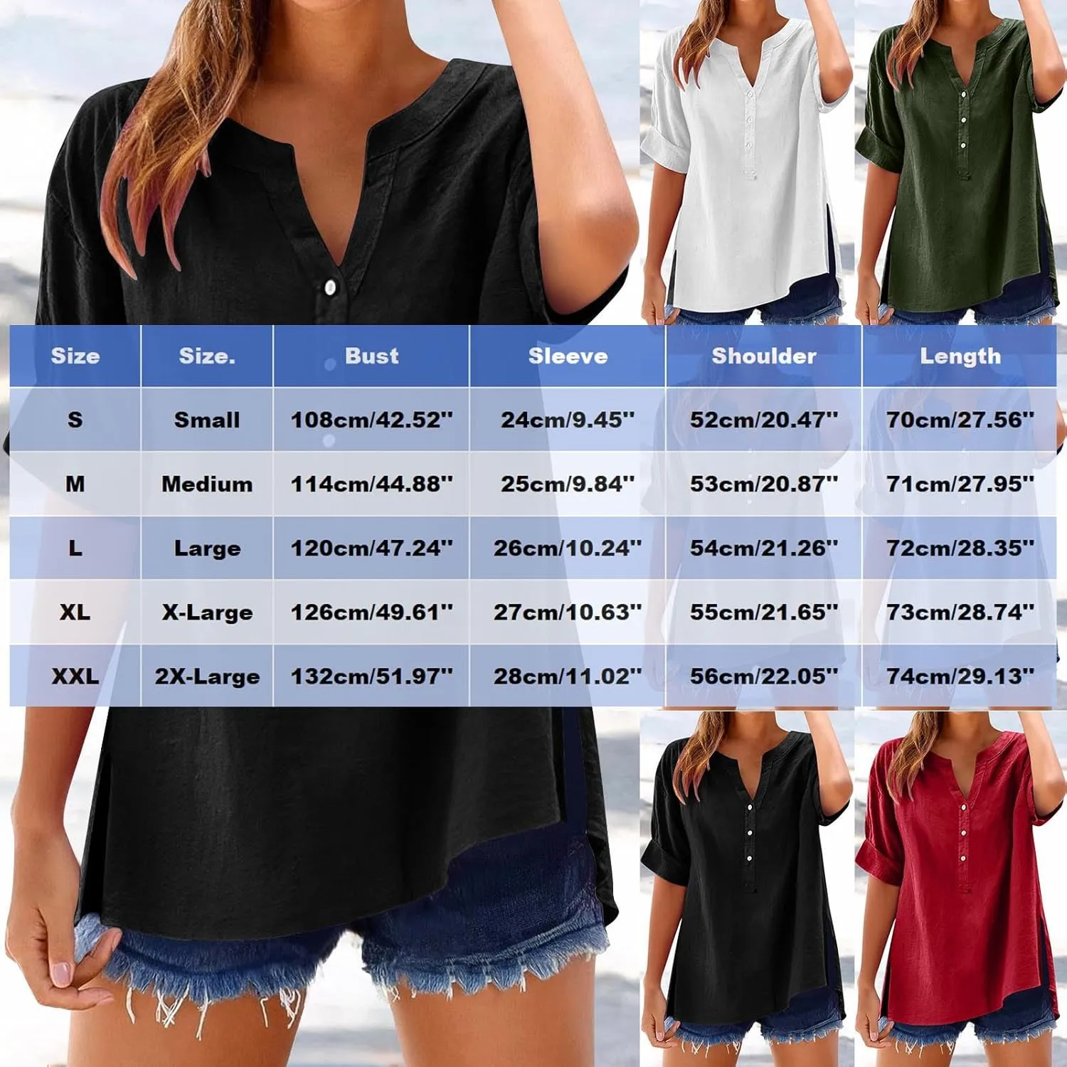Womens Linen T Shirts Summer Short Sleeve Half Button Henley Shirts Dressy V Neck Boho Side Slit Blouse Tunic Tops