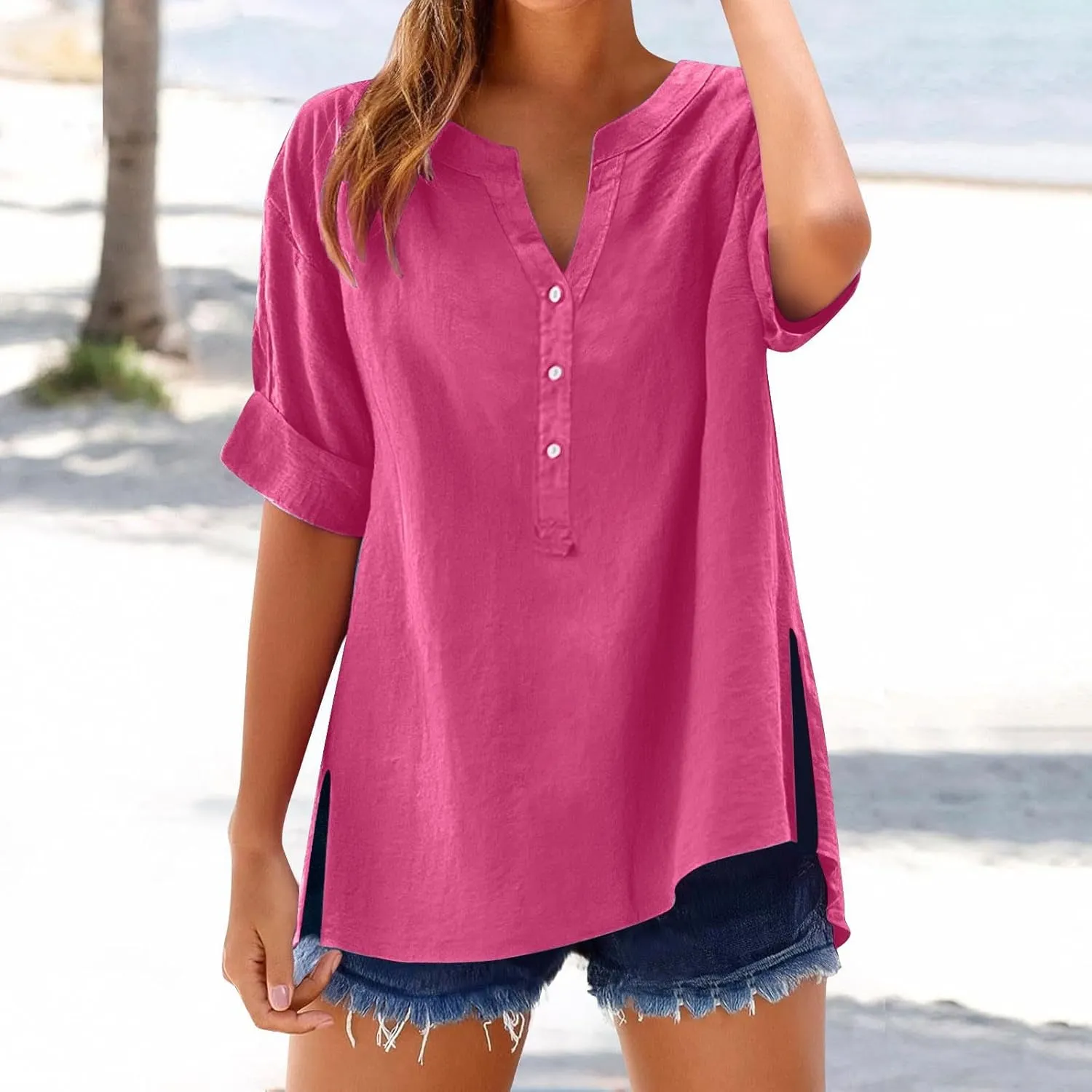 Womens Linen T Shirts Summer Short Sleeve Half Button Henley Shirts Dressy V Neck Boho Side Slit Blouse Tunic Tops