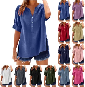 Womens Linen T Shirts Summer Short Sleeve Half Button Henley Shirts Dressy V Neck Boho Side Slit Blouse Tunic Tops