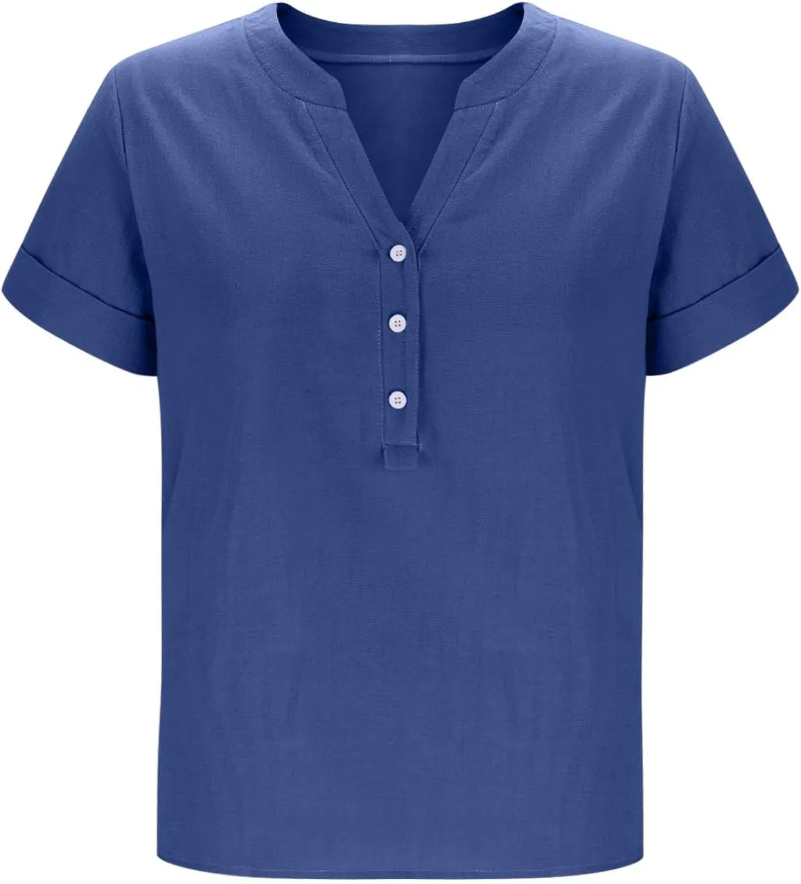 Womens Linen T Shirts Summer Short Sleeve Half Button Henley Shirts Dressy V Neck Boho Side Slit Blouse Tunic Tops