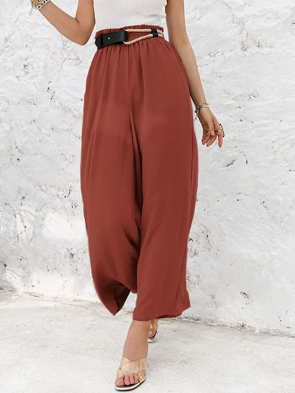 Women's Linen Trousers, Casual High Waist Wide Leg Straight Dress Pants, Cotton Linen Pants Elastic Waist Joggers