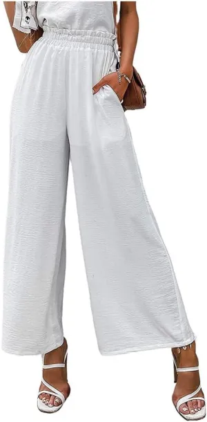 Women's Linen Trousers, Casual High Waist Wide Leg Straight Dress Pants, Cotton Linen Pants Elastic Waist Joggers