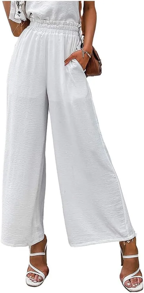 Women's Linen Trousers, Casual High Waist Wide Leg Straight Dress Pants, Cotton Linen Pants Elastic Waist Joggers