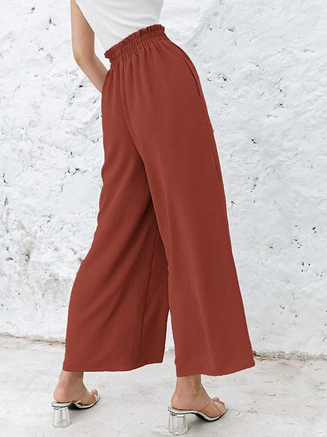Women's Linen Trousers, Casual High Waist Wide Leg Straight Dress Pants, Cotton Linen Pants Elastic Waist Joggers