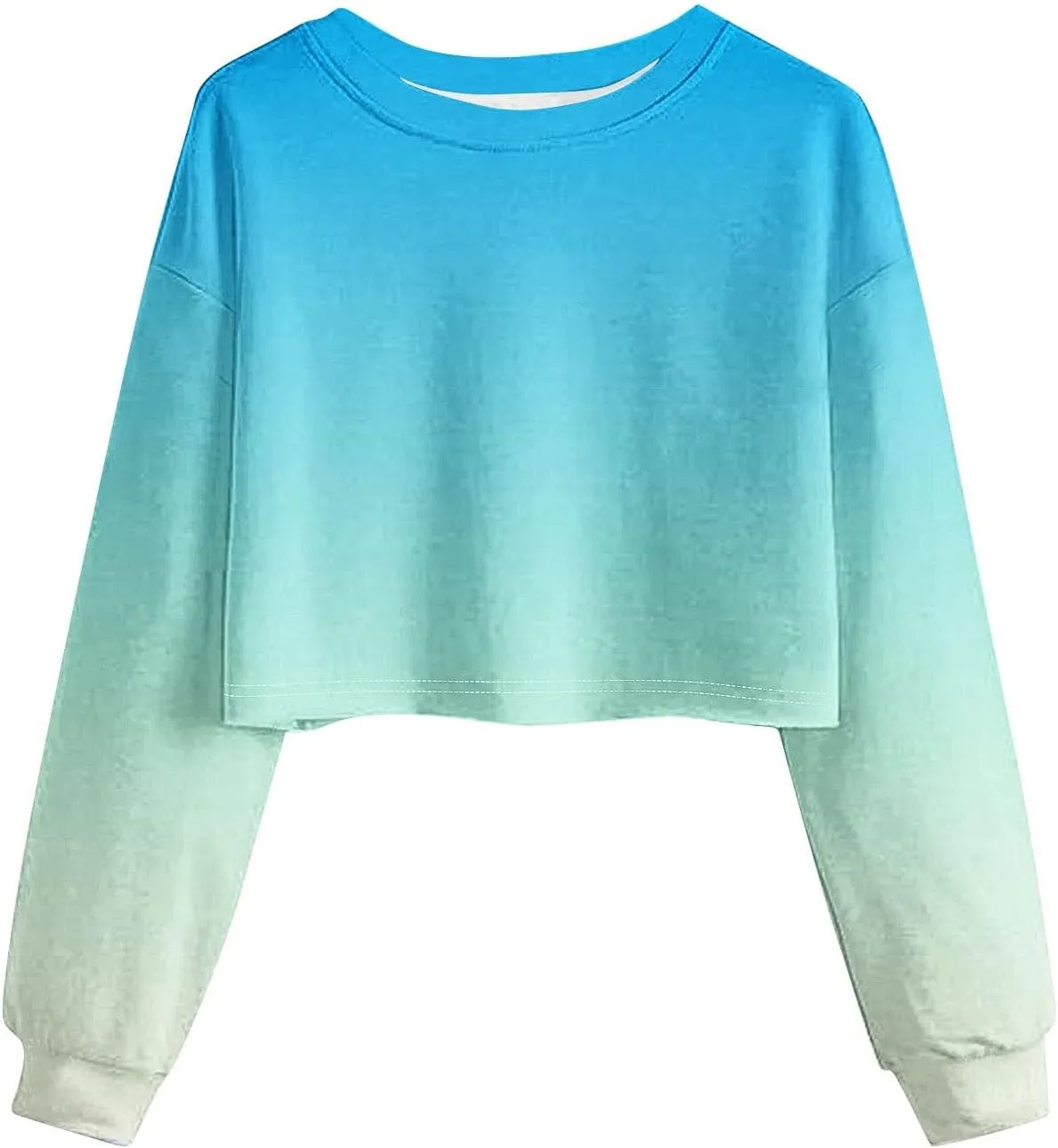 Womens Long Sleeve Cropped T-Shirts Ombre Round Neck Drop Shoulder Crop Sweatshirts Fleece Casual Workout Crop Tops