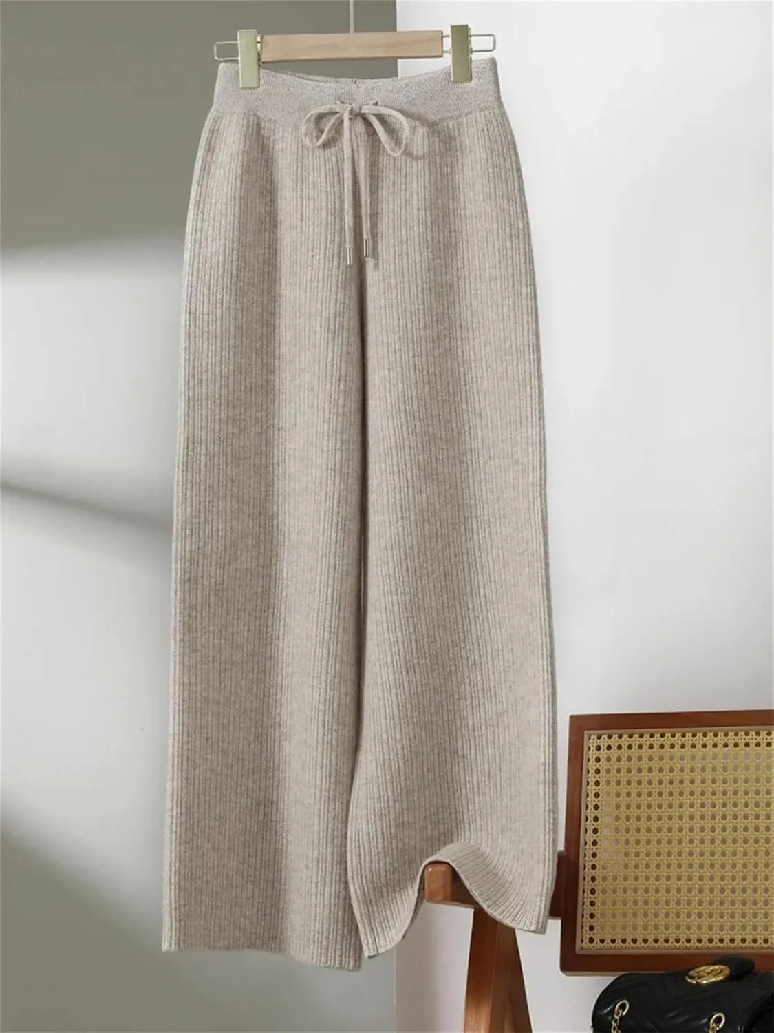 Women’s Merino Wool Jacquard Knit Wide-Leg Pants Year-Round Minimalist Casual Trousers