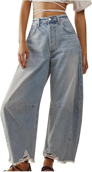 Women's Mid Rise Barrel Jeans Wide Leg Vintage Y2k Baggy Boyfriend Ankle Cropped Denim Pants with Pockets