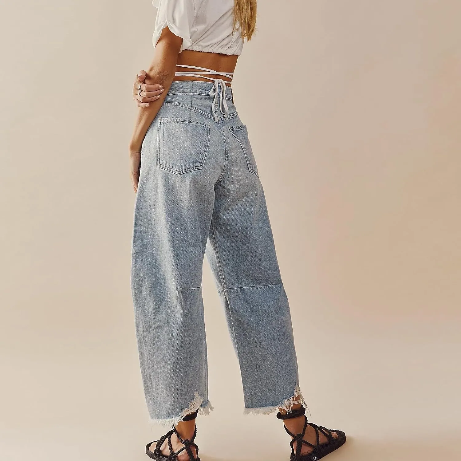 Women's Mid Rise Barrel Jeans Wide Leg Vintage Y2k Baggy Boyfriend Ankle Cropped Denim Pants with Pockets
