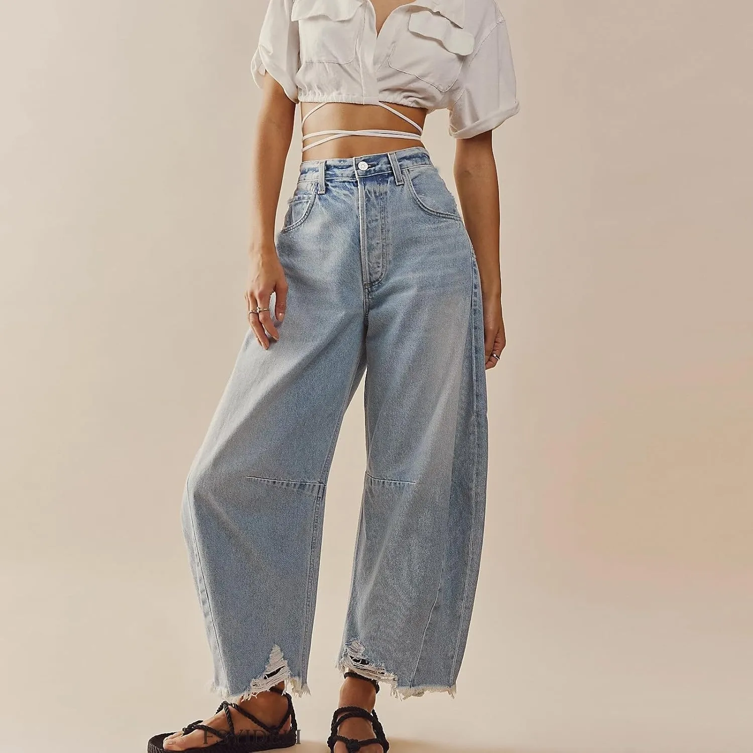 Women's Mid Rise Barrel Jeans Wide Leg Vintage Y2k Baggy Boyfriend Ankle Cropped Denim Pants with Pockets