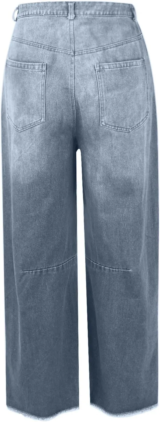 Women's Mid Rise Barrel Jeans Wide Leg Vintage Y2k Baggy Boyfriend Ankle Cropped Denim Pants with Pockets