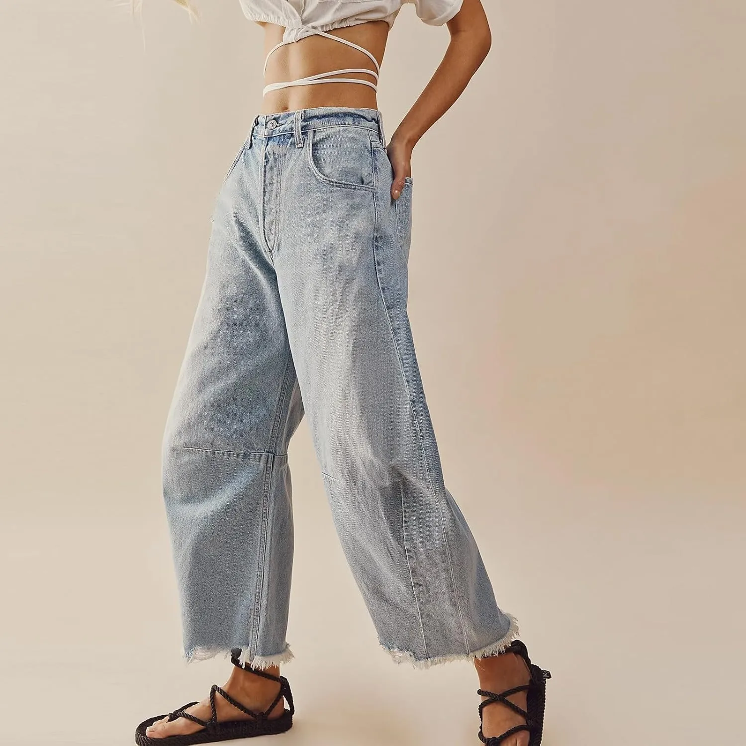Women's Mid Rise Barrel Jeans Wide Leg Vintage Y2k Baggy Boyfriend Ankle Cropped Denim Pants with Pockets
