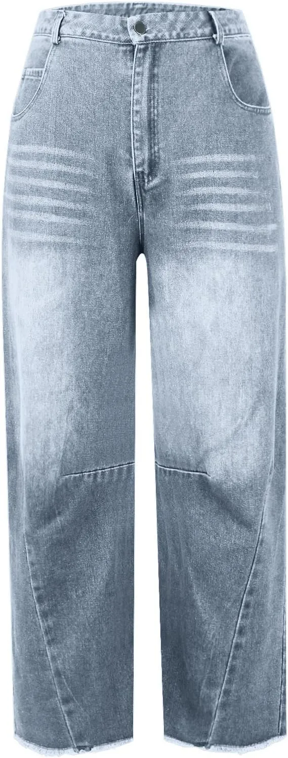 Women's Mid Rise Barrel Jeans Wide Leg Vintage Y2k Baggy Boyfriend Ankle Cropped Denim Pants with Pockets