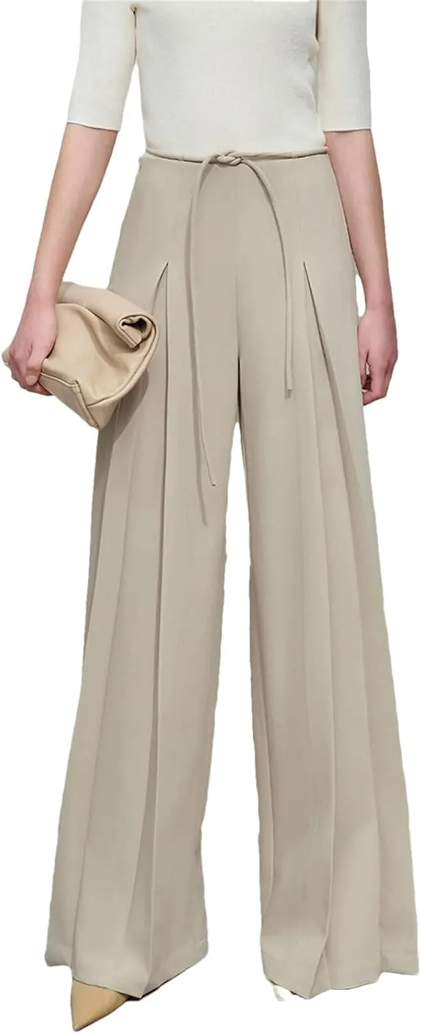 Women’s Minimalist Pleated Wide-Leg Pants High Waist Year-Round Office Casual Trousers