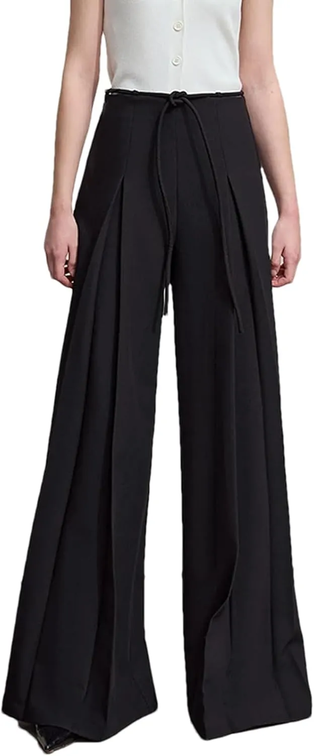 Women’s Minimalist Pleated Wide-Leg Pants High Waist Year-Round Office Casual Trousers
