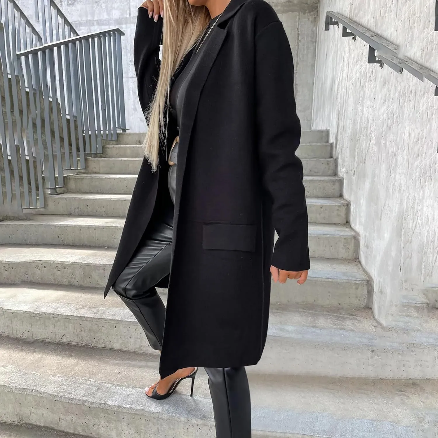 Women's Notch Lapel Pea Coats Open Front Winter Trench Coats Mid Length Overcoat Wool Blend Coats with Pockets