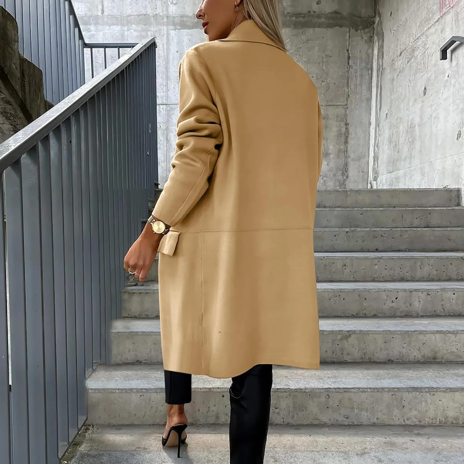 Women's Notch Lapel Pea Coats Open Front Winter Trench Coats Mid Length Overcoat Wool Blend Coats with Pockets