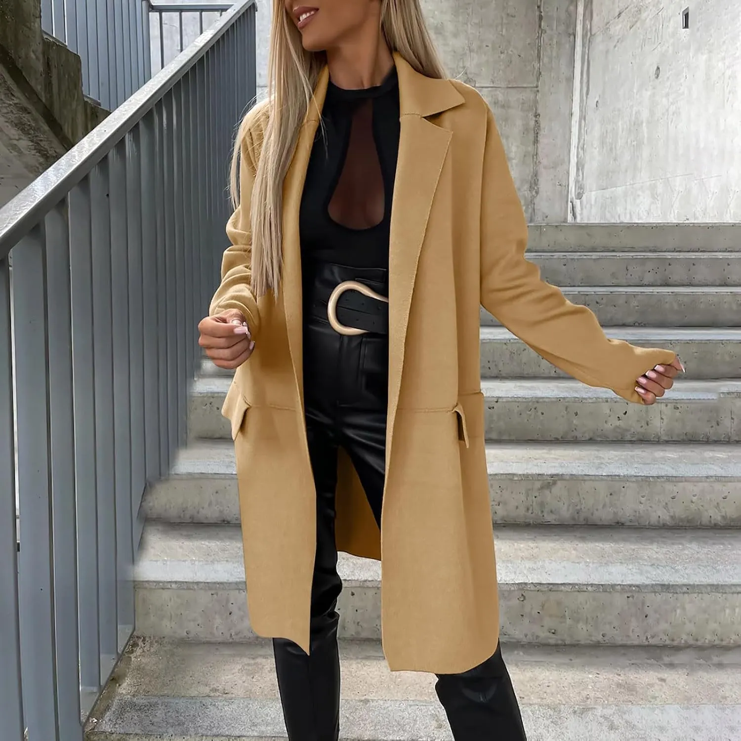 Women's Notch Lapel Pea Coats Open Front Winter Trench Coats Mid Length Overcoat Wool Blend Coats with Pockets