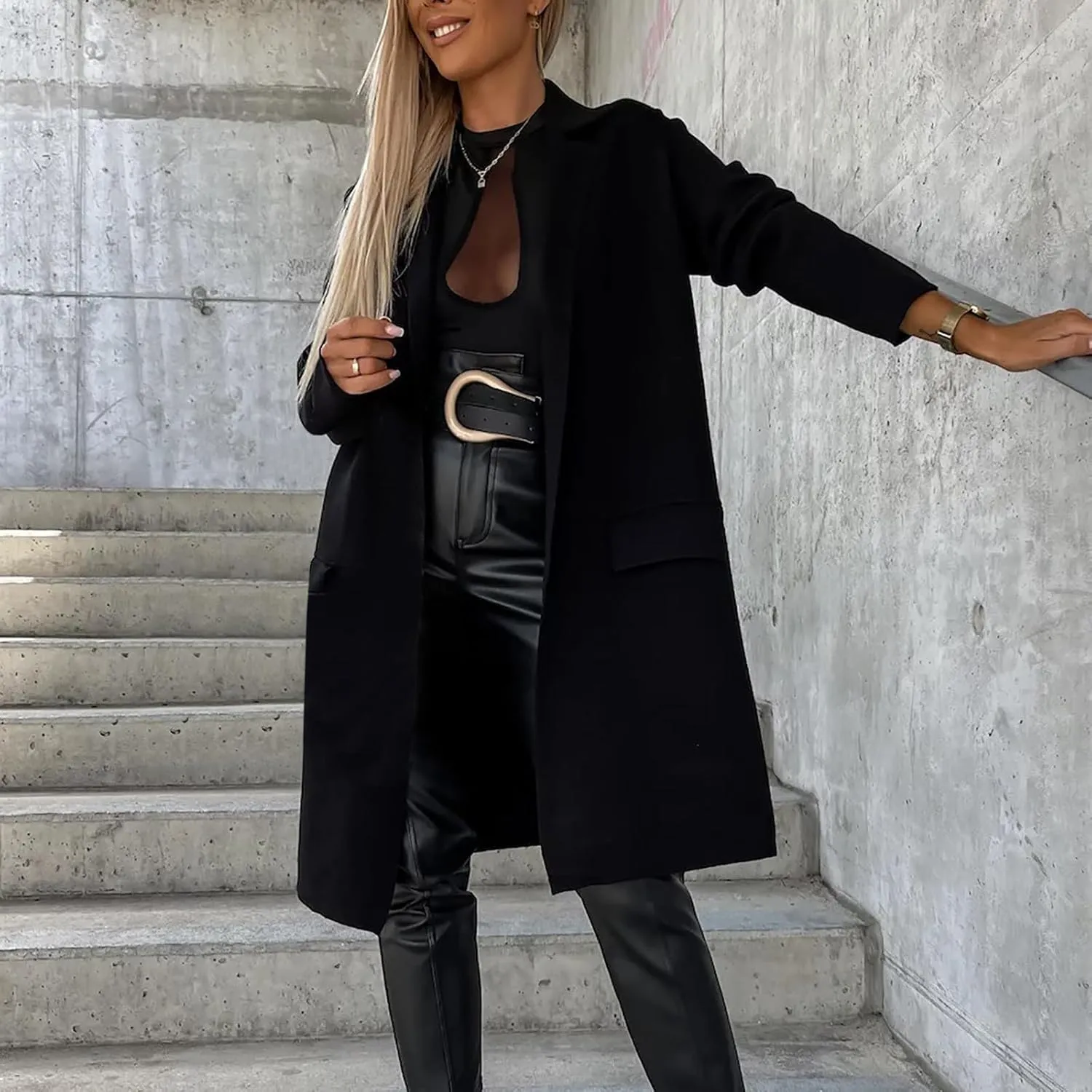 Women's Notch Lapel Pea Coats Open Front Winter Trench Coats Mid Length Overcoat Wool Blend Coats with Pockets