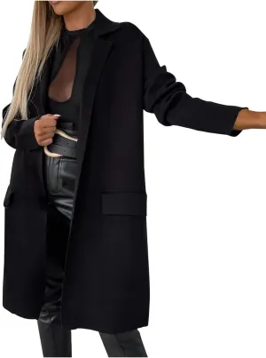 Women's Notch Lapel Pea Coats Open Front Winter Trench Coats Mid Length Overcoat Wool Blend Coats with Pockets