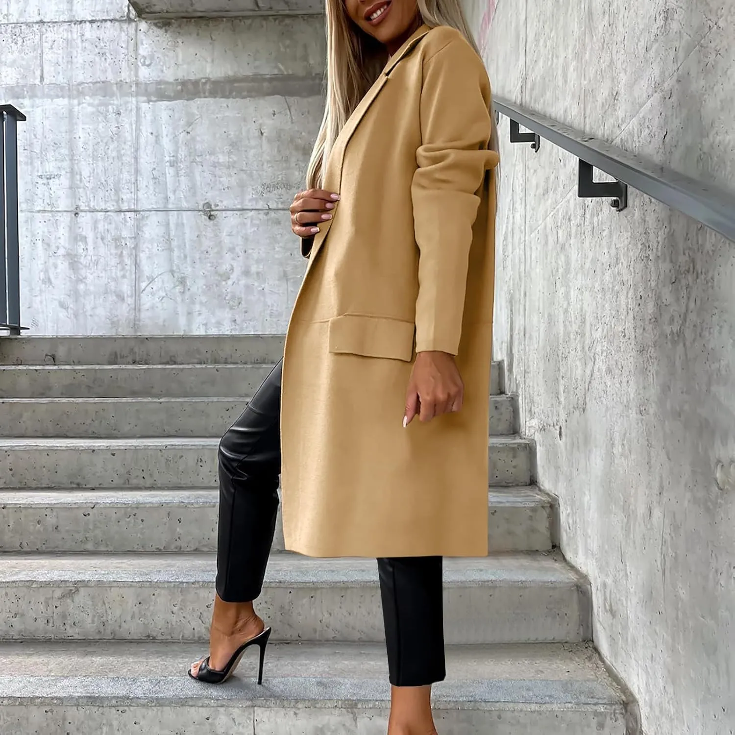Women's Notch Lapel Pea Coats Open Front Winter Trench Coats Mid Length Overcoat Wool Blend Coats with Pockets