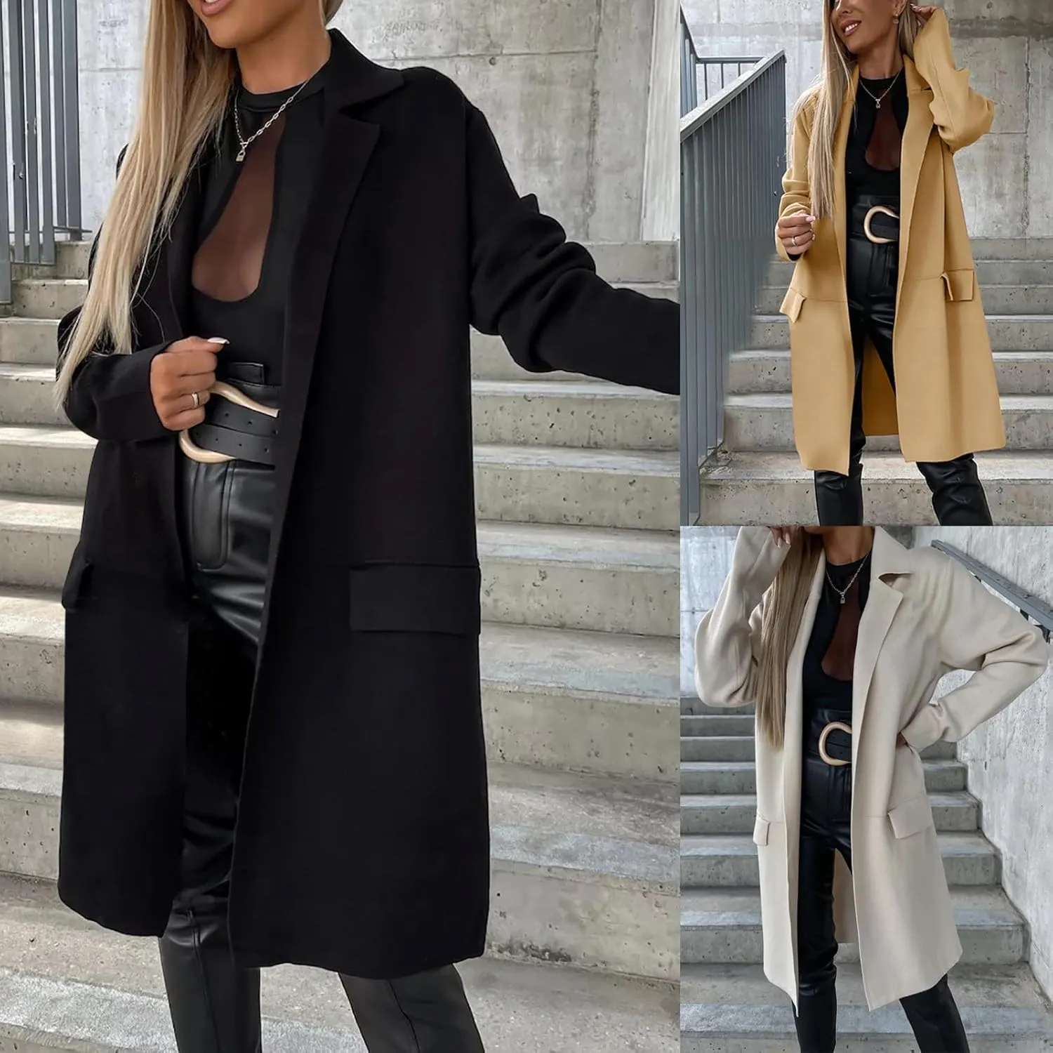 Women's Notch Lapel Pea Coats Open Front Winter Trench Coats Mid Length Overcoat Wool Blend Coats with Pockets