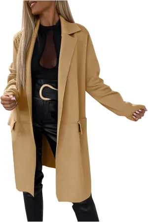 Women's Notch Lapel Pea Coats Open Front Winter Trench Coats Mid Length Overcoat Wool Blend Coats with Pockets