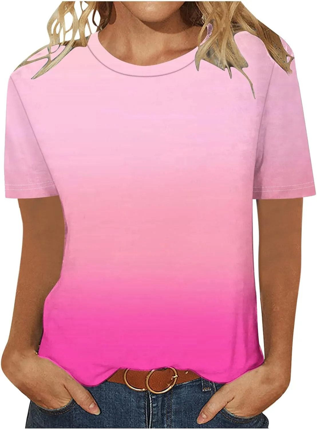 Womens Ombre Color Summer Tops Short Sleeve Tee Shirts Dressy Causal Cute Tshirts Trendy Vacation Clothes