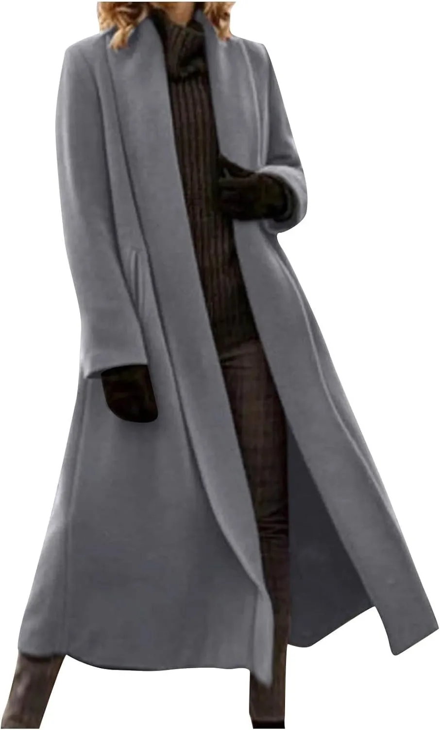 Women's Open Front Long Trench Coat Lapel Wool Blend Overcoat Fall Winter Dressy Pea Coats Windproof Outerwear