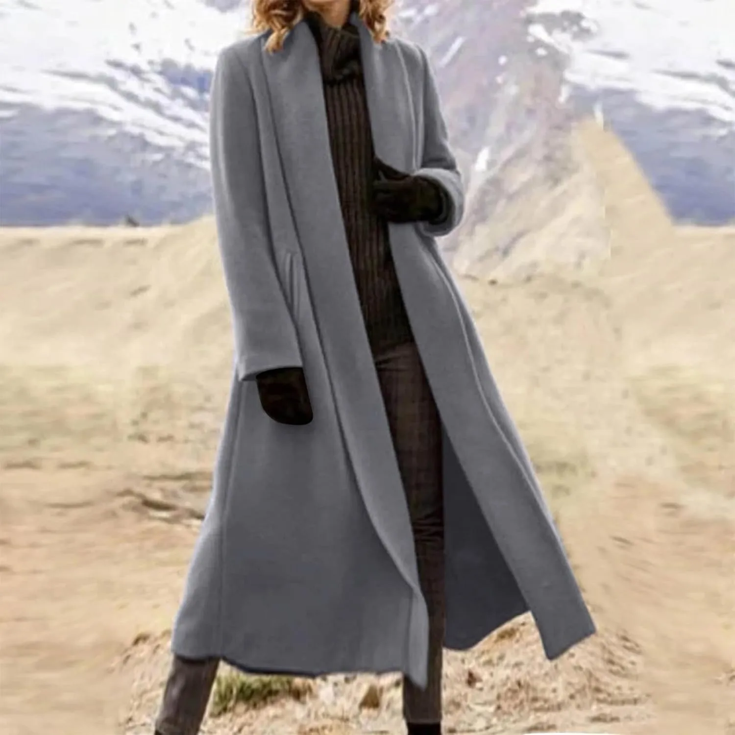 Women's Open Front Long Trench Coat Lapel Wool Blend Overcoat Fall Winter Dressy Pea Coats Windproof Outerwear