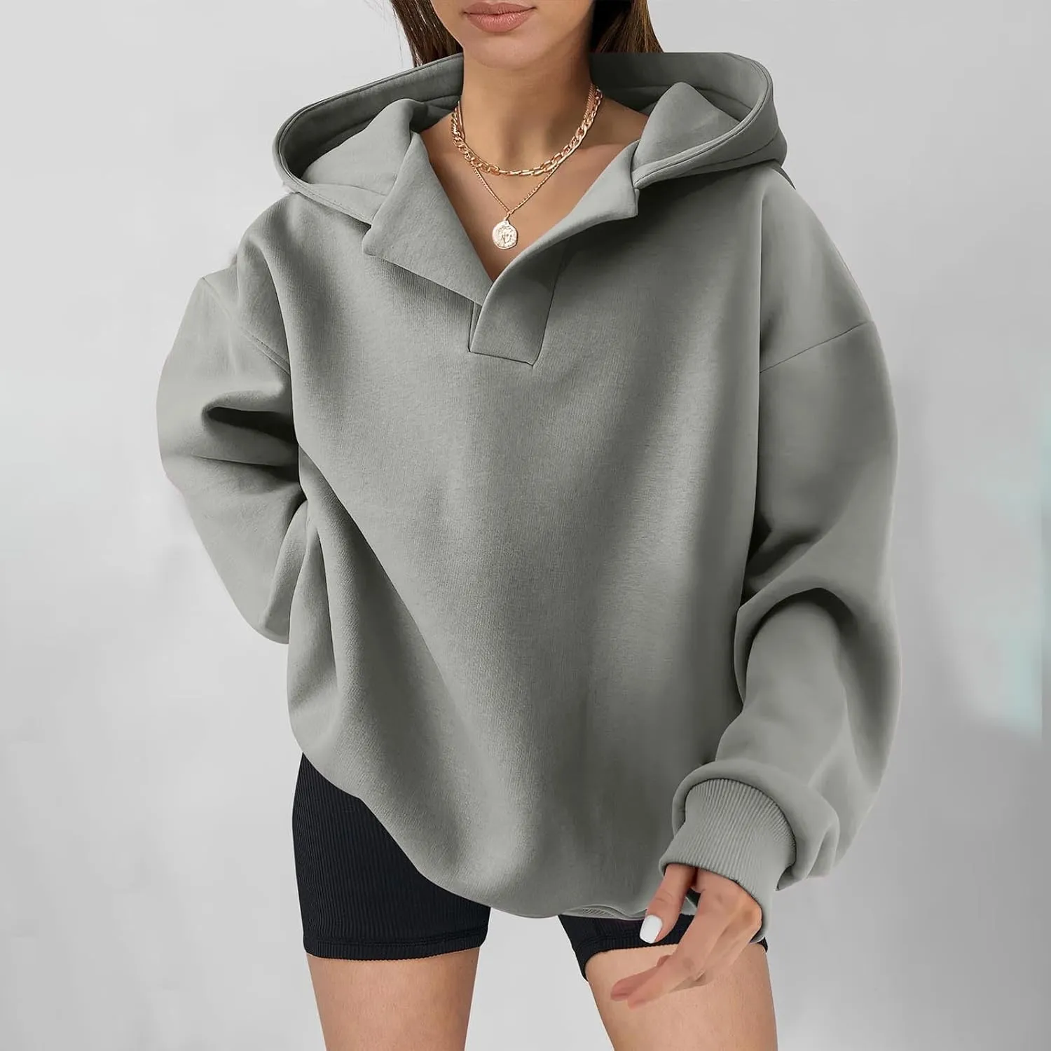 Womens Oversized Hoodies Fleece Long Sleeve Sweatshirts Lapel V Neck Casual Sweaters Pullover Fall Fashion Outfits 2024