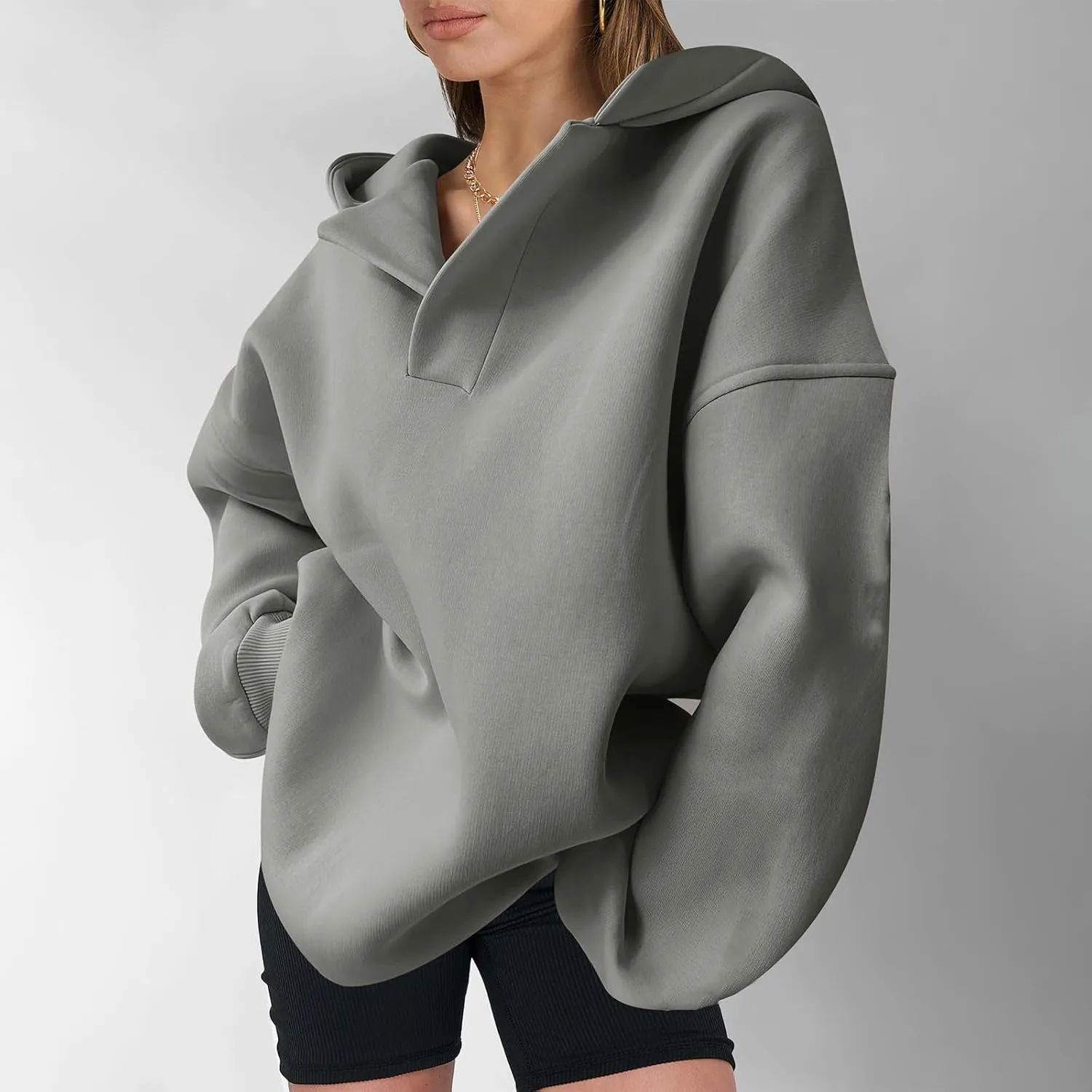 Womens Oversized Hoodies Fleece Long Sleeve Sweatshirts Lapel V Neck Casual Sweaters Pullover Fall Fashion Outfits 2024