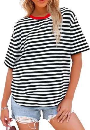 Womens Oversized T Shirts Striped Short Sleeve T-Shirts Crew Neck Basic Color Block Tee Tops 2025 Y2K Tee Tops