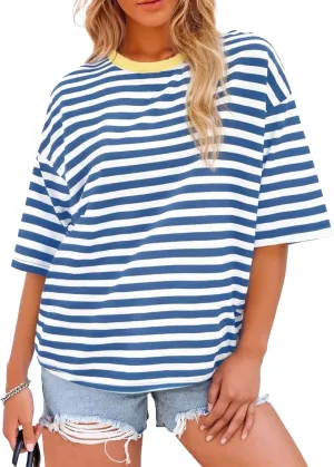 Womens Oversized T Shirts Striped Short Sleeve T-Shirts Crew Neck Basic Color Block Tee Tops 2025 Y2K Tee Tops