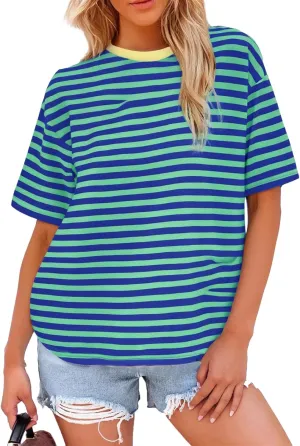 Womens Oversized T Shirts Striped Short Sleeve T-Shirts Crew Neck Basic Color Block Tee Tops 2025 Y2K Tee Tops