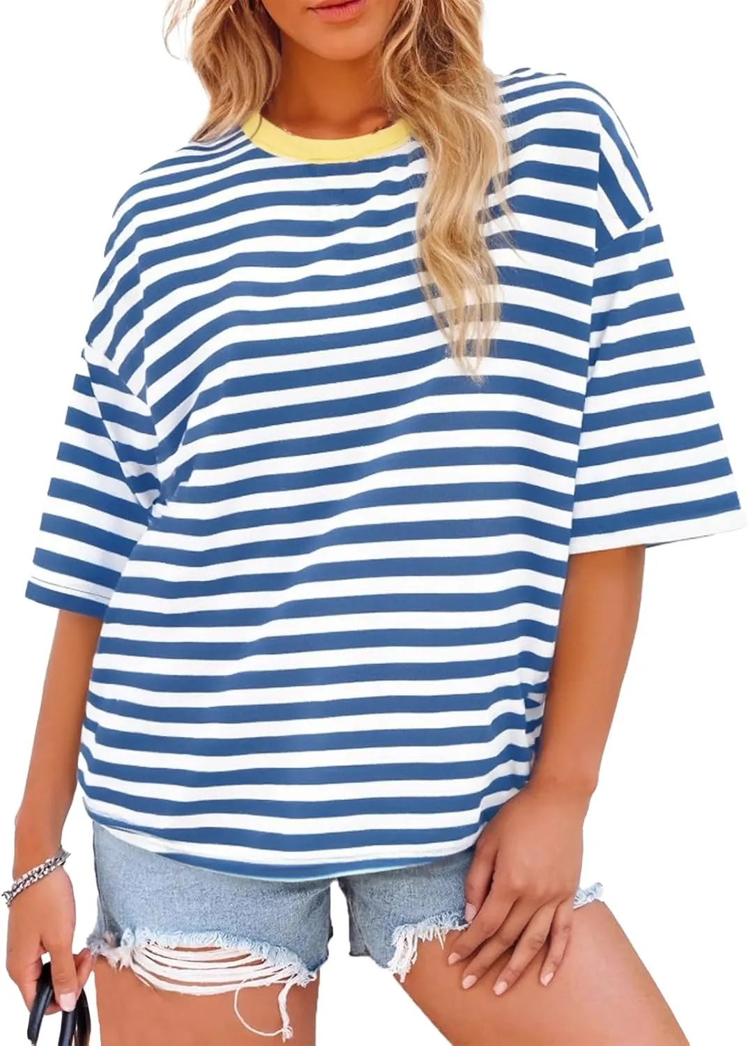 Womens Oversized T Shirts Striped Short Sleeve T-Shirts Crew Neck Basic Color Block Tee Tops 2025 Y2K Tee Tops