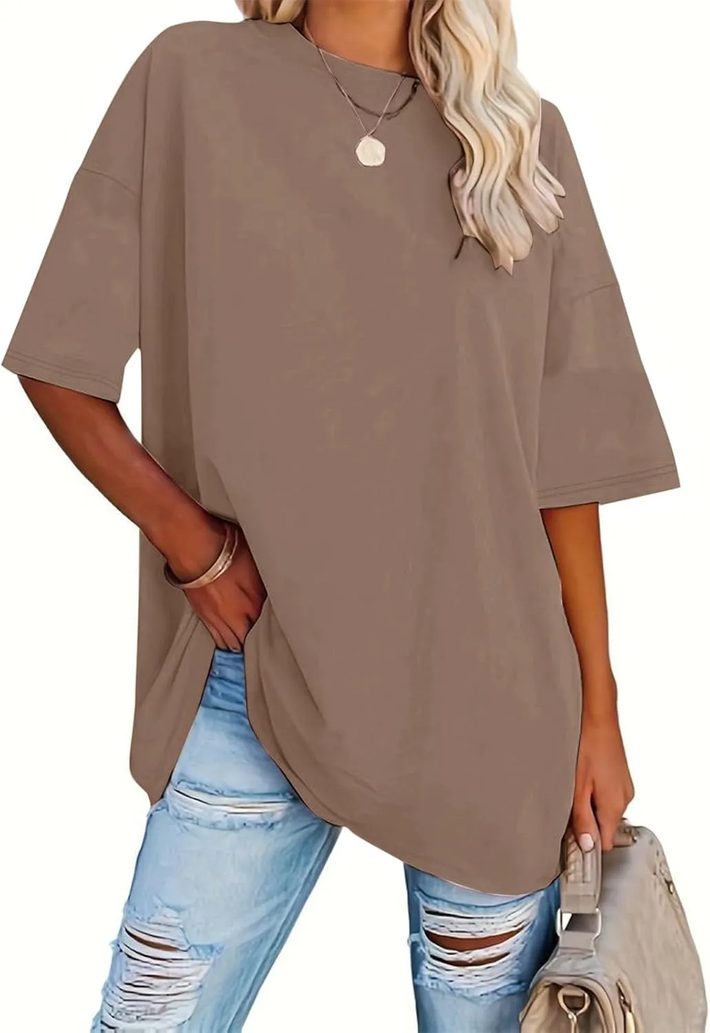 Women's Oversized T Shirts Tees Half Sleeve Crew Neck Cotton Tunic Tops