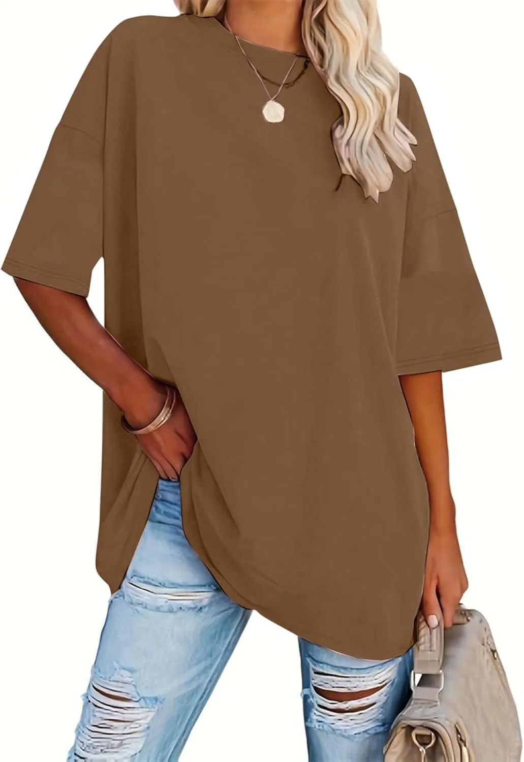 Women's Oversized T Shirts Tees Half Sleeve Crew Neck Cotton Tunic Tops