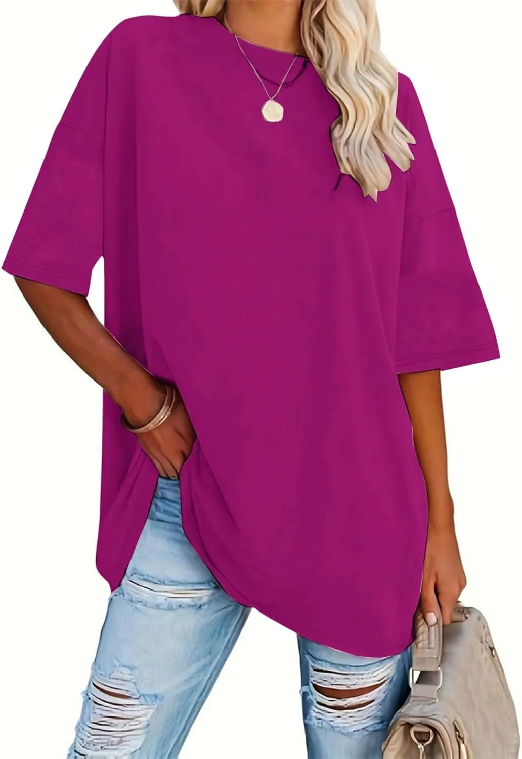 Women's Oversized T Shirts Tees Half Sleeve Crew Neck Cotton Tunic Tops