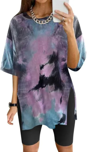 Womens Oversized Tshirts Workout Gym Shirts Moon Print Tees Side Slit Plus Size Top