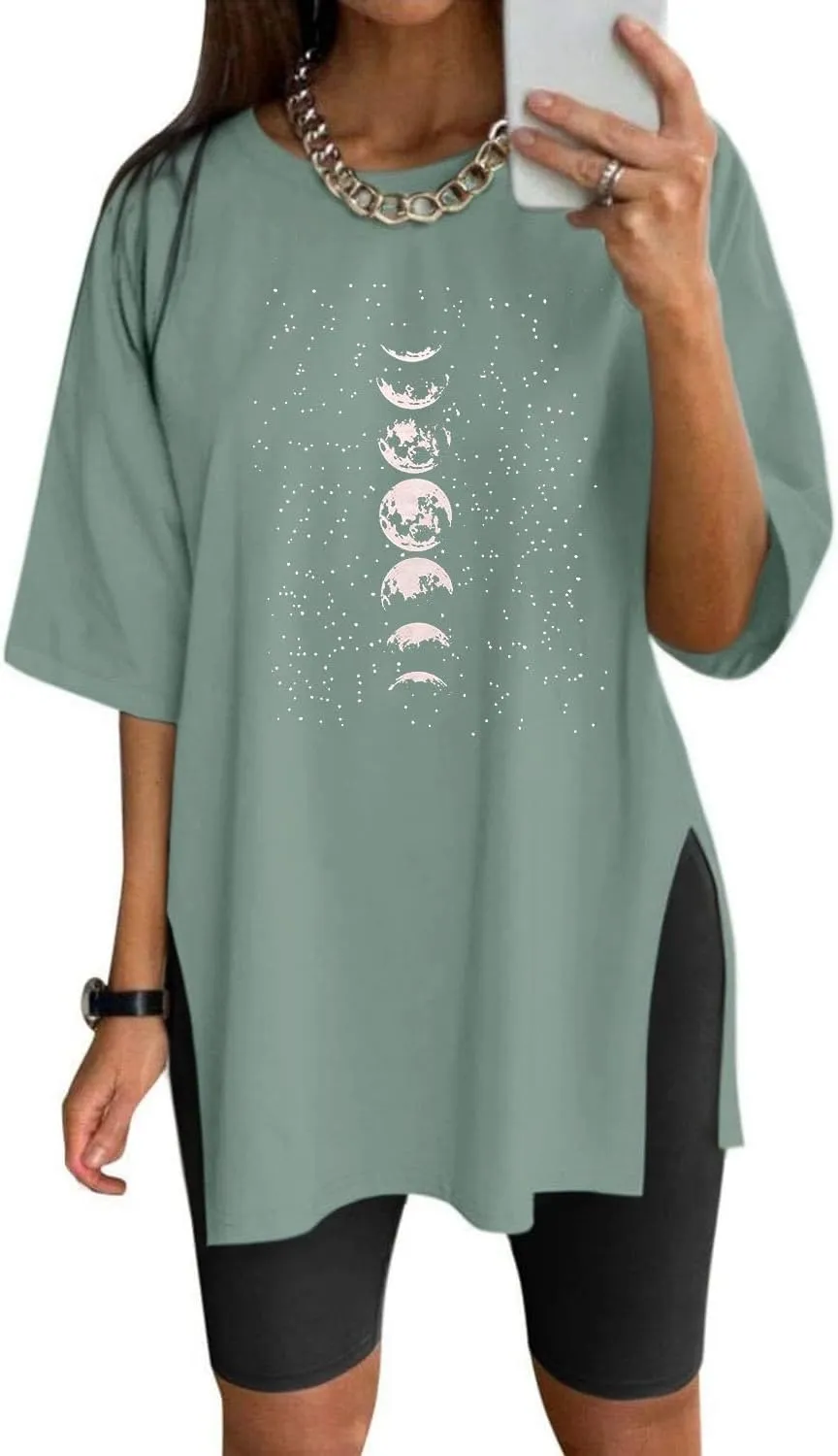Womens Oversized Tshirts Workout Gym Shirts Moon Print Tees Side Slit Plus Size Top