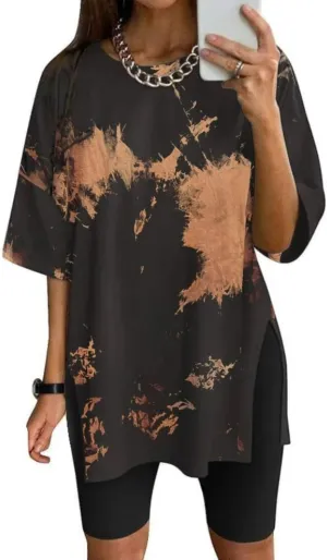 Womens Oversized Tshirts Workout Gym Shirts Moon Print Tees Side Slit Plus Size Top