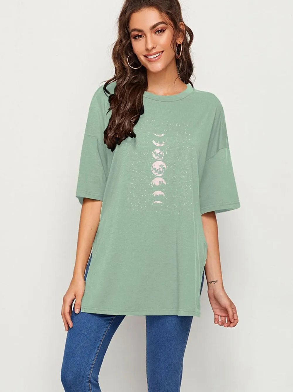 Womens Oversized Tshirts Workout Gym Shirts Moon Print Tees Side Slit Plus Size Top