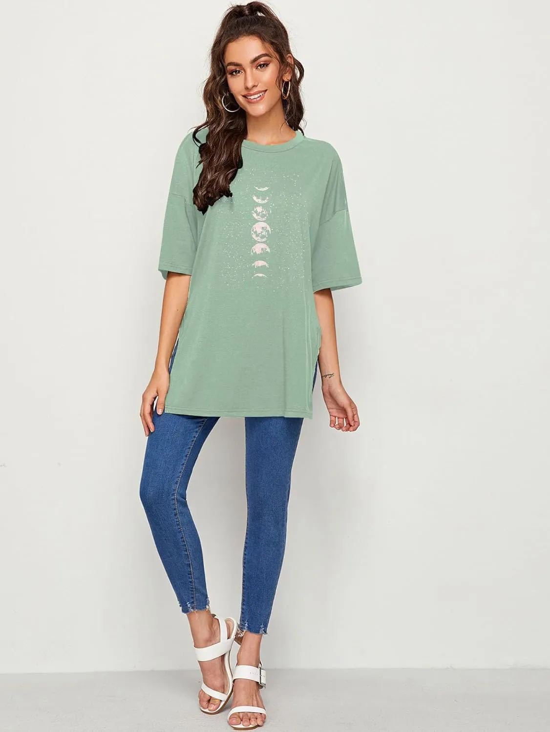 Womens Oversized Tshirts Workout Gym Shirts Moon Print Tees Side Slit Plus Size Top
