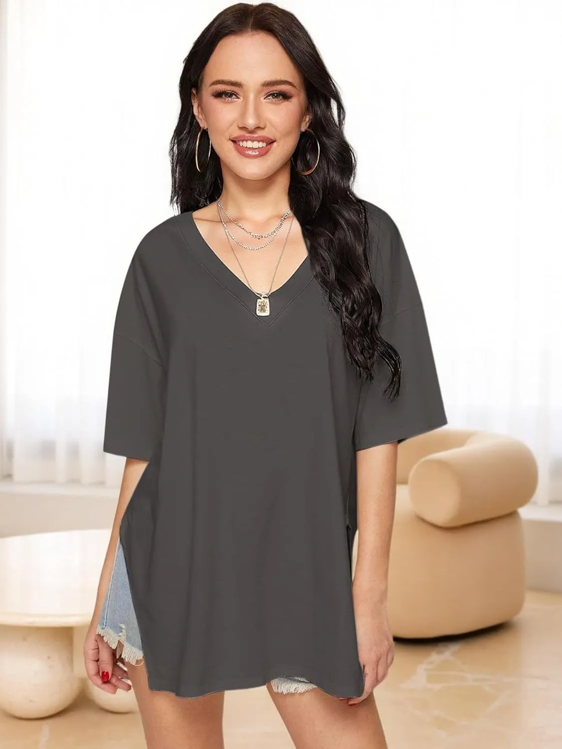 Womens Oversized Tshirts Workout Gym Shirts Moon Print Tees Side Slit Plus Size Top