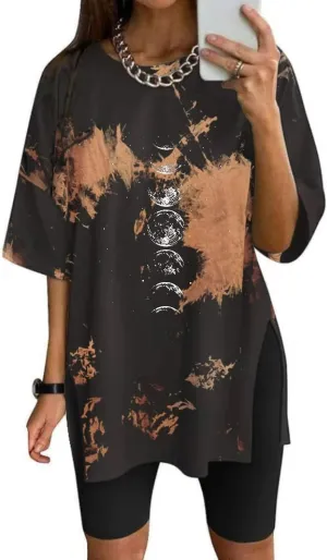 Womens Oversized Tshirts Workout Gym Shirts Moon Print Tees Side Slit Plus Size Top